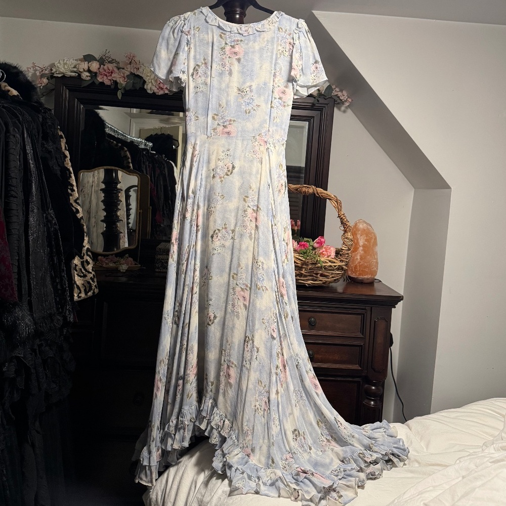 Rare LoveShackFancy Silk Dress Blue floral 0 - Picture 3 of 14